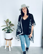 Load image into Gallery viewer, Black and White Large Floral Border Sheer Kimono