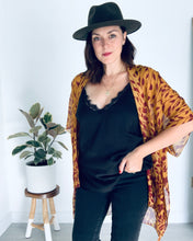 Load image into Gallery viewer, Deep Tan and Burgundy Leaves Sheer Kimono