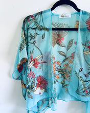 Load image into Gallery viewer, Turquoise Tropical Floral Sheer Cropped Kimono