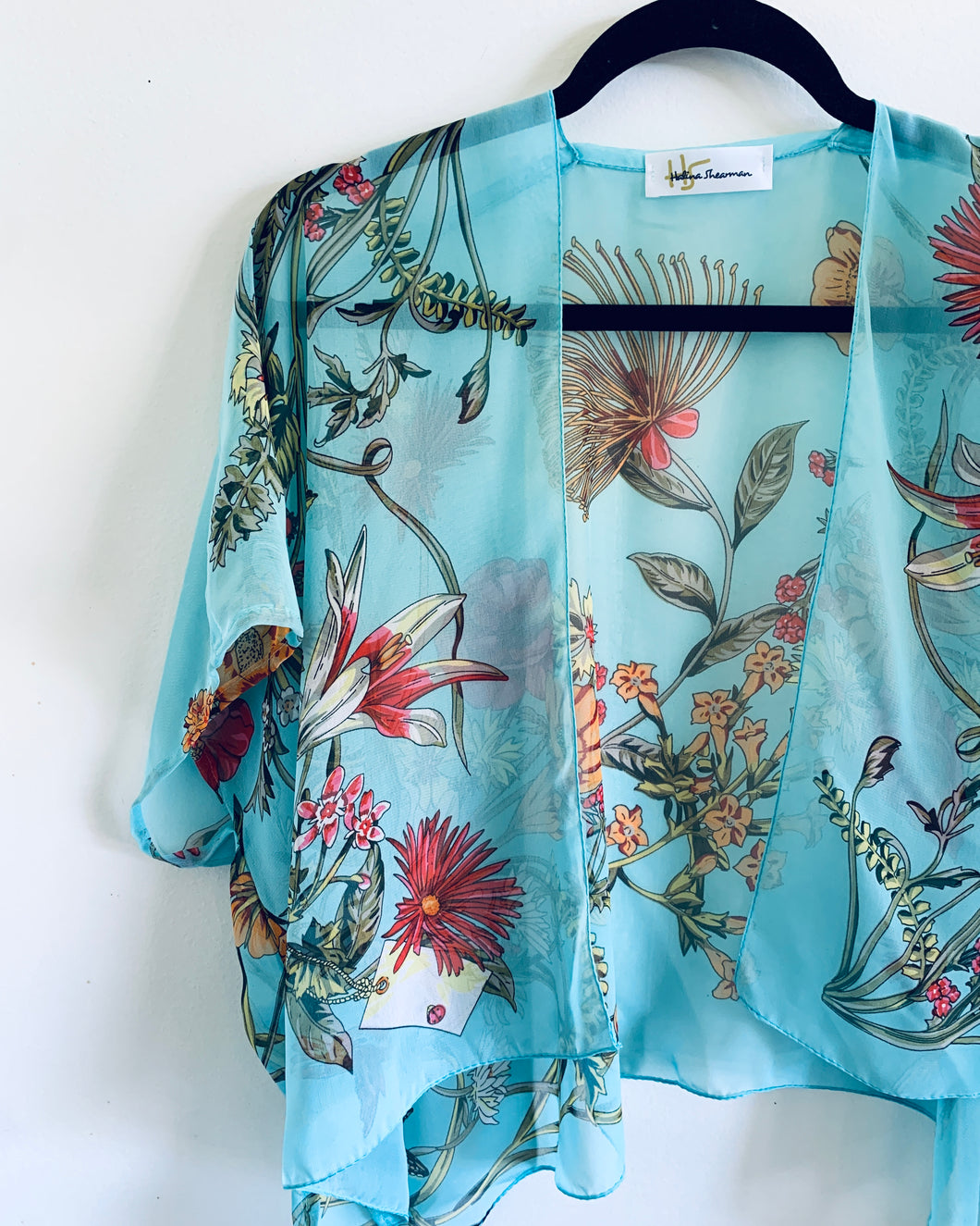 Turquoise Tropical Floral Sheer Cropped Kimono