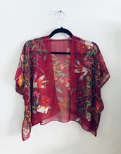 Load image into Gallery viewer, Burgundy Sheer Floral Cropped Kimono
