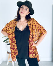 Load image into Gallery viewer, Deep Tan and Burgundy Leaves Sheer Kimono