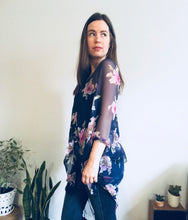 Load image into Gallery viewer, Navy Blue and Pink Flower Sheer Kimono