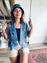 Load image into Gallery viewer, Dusty Blue Sheer Floral Cropped Kimono
