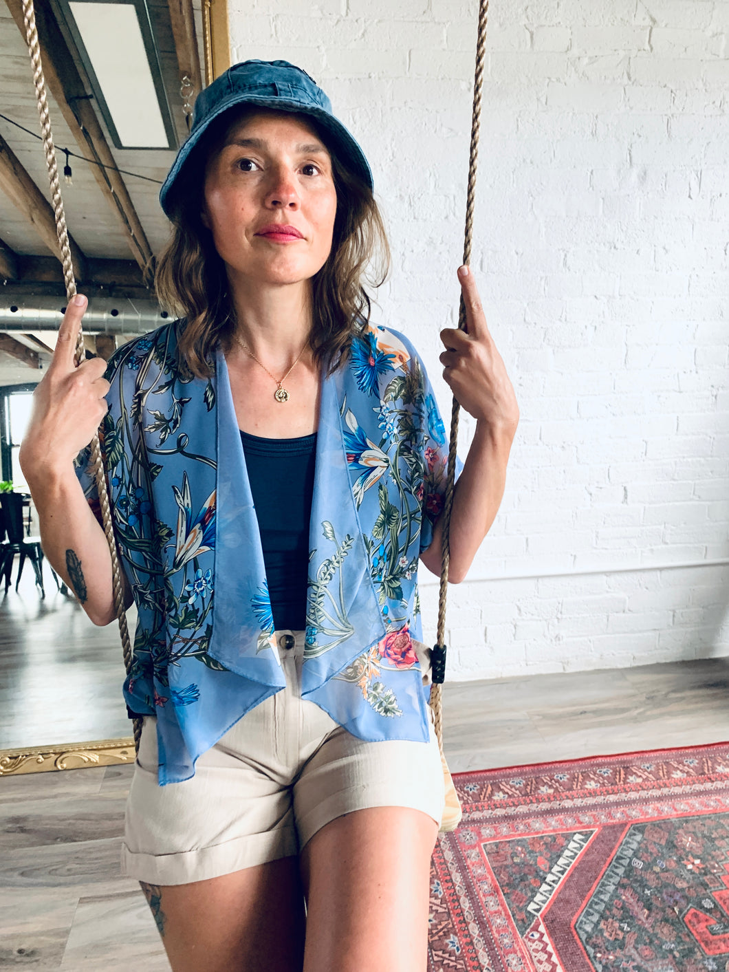 Dusty Blue Sheer Floral Cropped Kimono