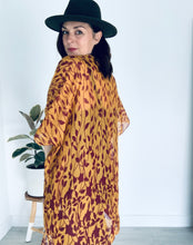 Load image into Gallery viewer, Deep Tan and Burgundy Leaves Sheer Kimono