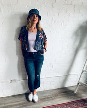 Load image into Gallery viewer, Navy Sheer Floral Cropped Kimono