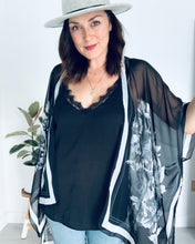 Load image into Gallery viewer, Black and White Large Floral Border Sheer Kimono