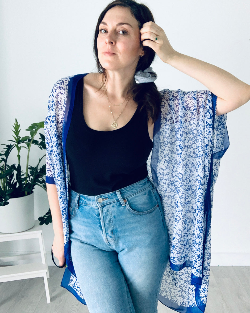 Blue and White Small Floral Sheer Kimono