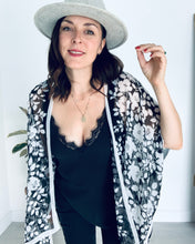 Load image into Gallery viewer, Black and White Border Floral Sheer Kimono