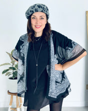 Load image into Gallery viewer, Black and White Border Filigree Sheer Kimono