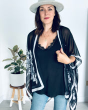 Load image into Gallery viewer, Black and White Large Floral Border Sheer Kimono