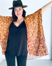 Load image into Gallery viewer, Deep Tan and Burgundy Leaves Sheer Kimono