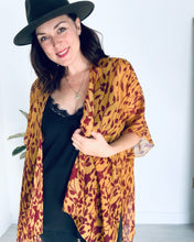 Load image into Gallery viewer, Deep Tan and Burgundy Leaves Sheer Kimono