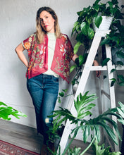 Load image into Gallery viewer, Burgundy Sheer Floral Cropped Kimono