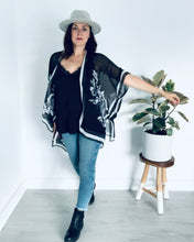 Load image into Gallery viewer, Black and White Large Floral Border Sheer Kimono