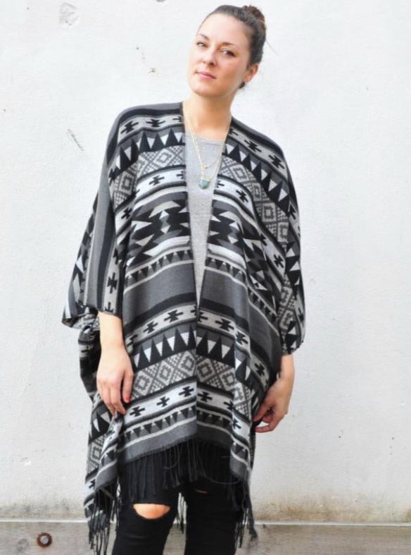 Grey and Black Southwestern Print Blanket Poncho