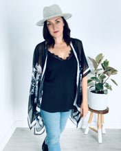Load image into Gallery viewer, Black and White Large Floral Border Sheer Kimono