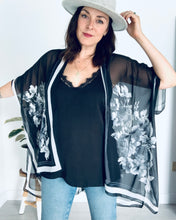 Load image into Gallery viewer, Black and White Large Floral Border Sheer Kimono
