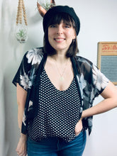 Load image into Gallery viewer, Black and White Large Floral Sheer Cropped Kimono