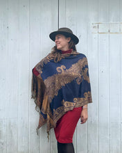 Load image into Gallery viewer, Royal and Copper Reversible Paisley Pashmina Draped Shawl
