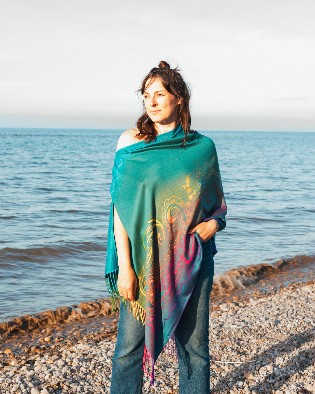 Turquoise Rainbow Reversible Paisley Pashmina Draped Shawl