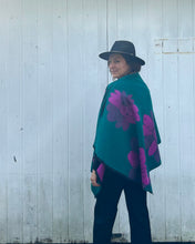 Load image into Gallery viewer, Reversible Green and Purple Floral Cashmere Feel Draped Shawl
