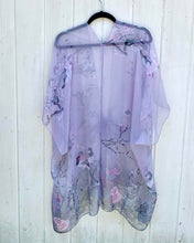 Load image into Gallery viewer, Grey and Purple Bird and Floral Sheer Kimono
