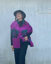 Load image into Gallery viewer, Reversible Green and Purple Floral Cashmere Feel Draped Shawl
