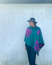 Load image into Gallery viewer, Reversible Green and Purple Floral Cashmere Feel Draped Shawl
