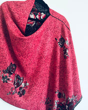 Load image into Gallery viewer, Charcoal and Red Rose Cashmere Feel Draped Shawl
