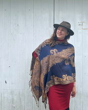 Load image into Gallery viewer, Royal and Copper Reversible Paisley Pashmina Draped Shawl
