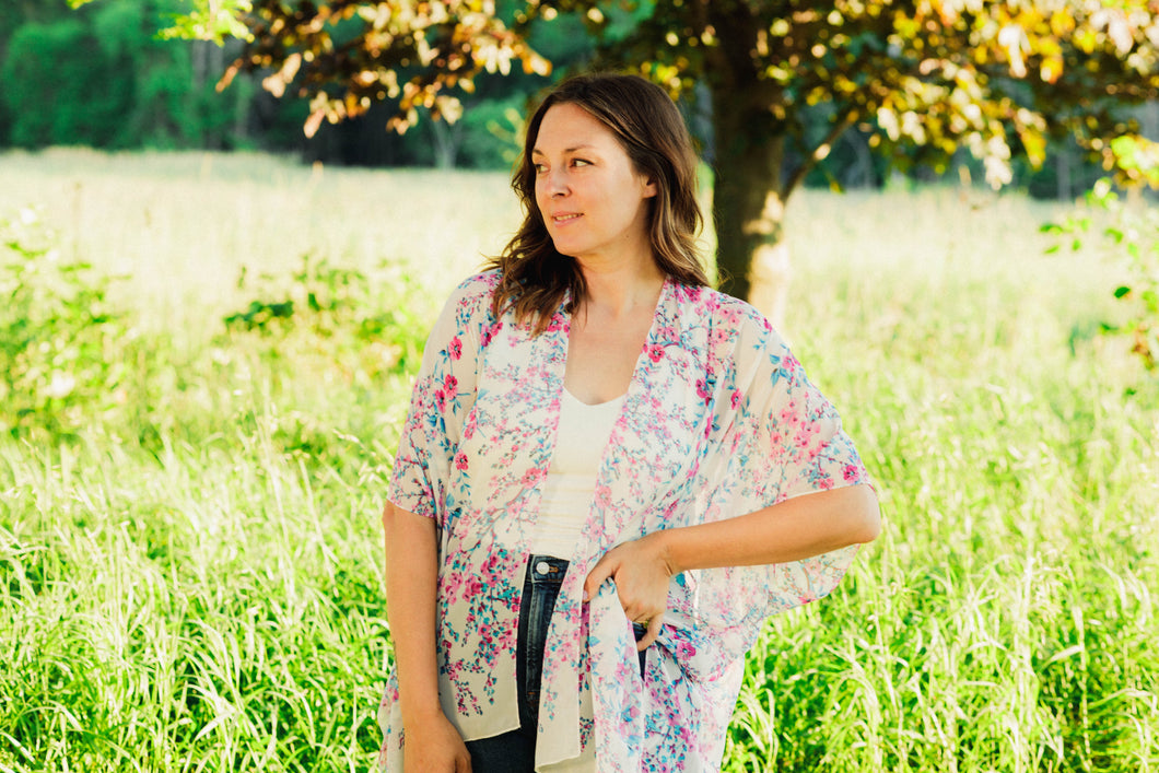 White, Berry Pink and Blue Floral Sheer Kimono