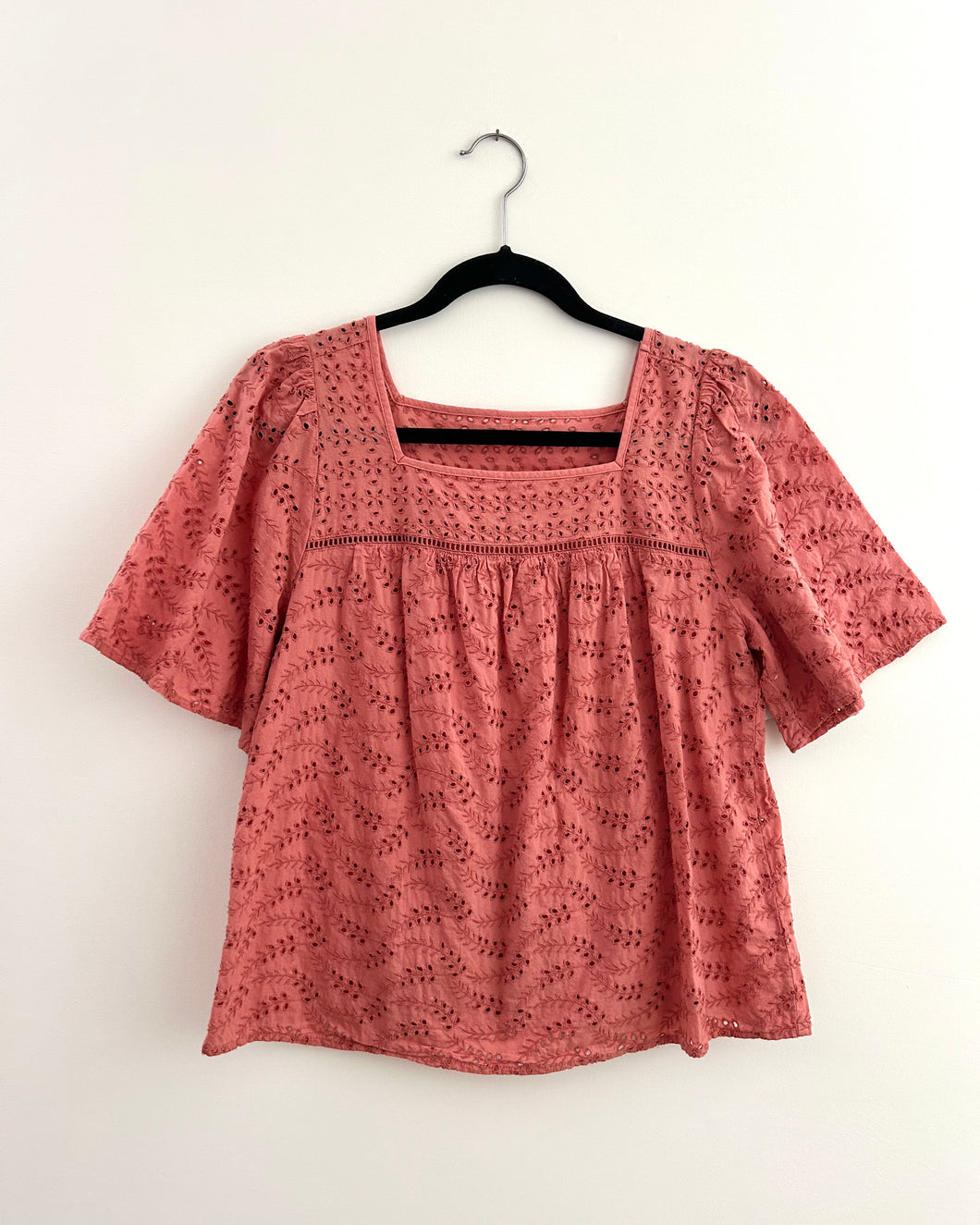 Vintage Coral Cotton Eyelet Boho Peasant Blouse