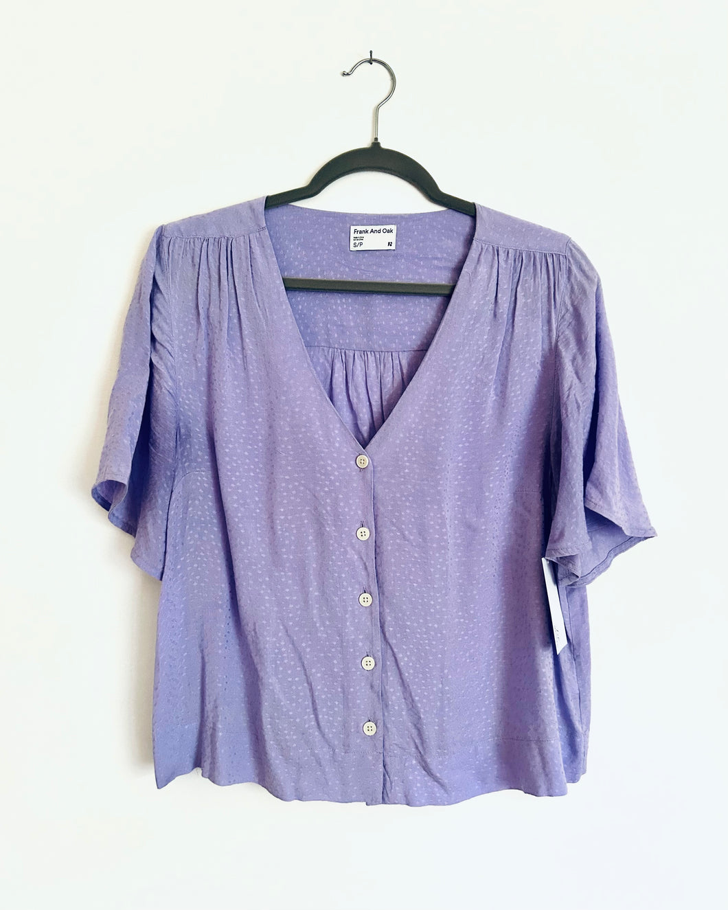 Frank and Oak lilac purple button up blouse with flutter sleeve- Small to Large