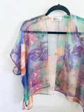 Load image into Gallery viewer, Purple and Orange Watercolour Sheer Cropped Kimono
