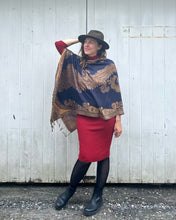 Load image into Gallery viewer, Royal and Copper Reversible Paisley Pashmina Draped Shawl
