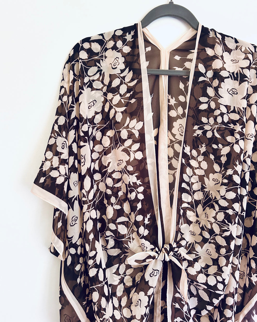 Brown and Cream Border Floral Sheer Kimono