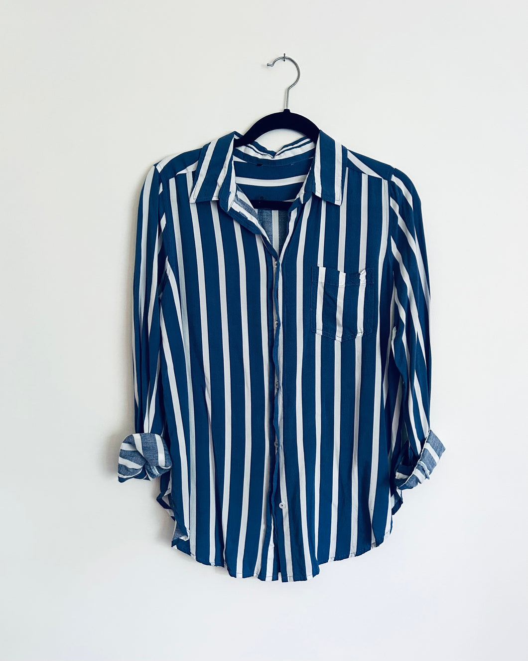 Blue and White super soft stripe button up blouse- Medium