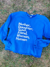 Load image into Gallery viewer, Royal Blue “Woman Human” Crew Neck Crop Sweatshirt
