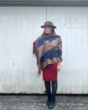 Load image into Gallery viewer, Royal and Copper Reversible Paisley Pashmina Draped Shawl
