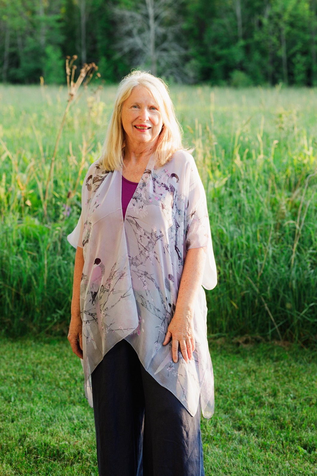 Grey and Purple Bird and Floral Sheer Kimono