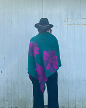 Load image into Gallery viewer, Reversible Green and Purple Floral Cashmere Feel Draped Shawl
