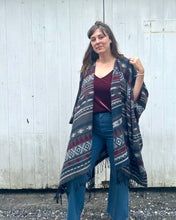 Load image into Gallery viewer, Burgundy, Grey and Blue Southwestern Print Blanket Poncho
