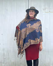 Load image into Gallery viewer, Royal and Copper Reversible Paisley Pashmina Draped Shawl
