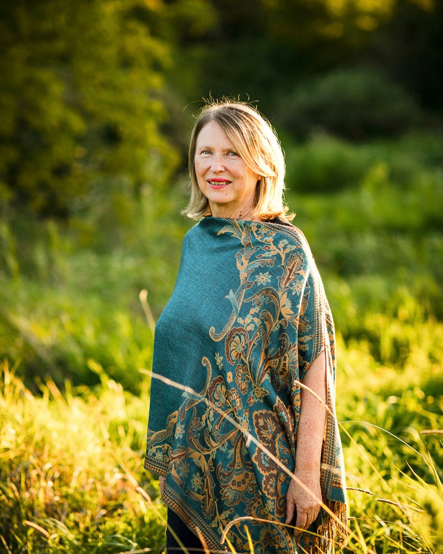 Turquoise and Gold Paisley Reversible Shawl