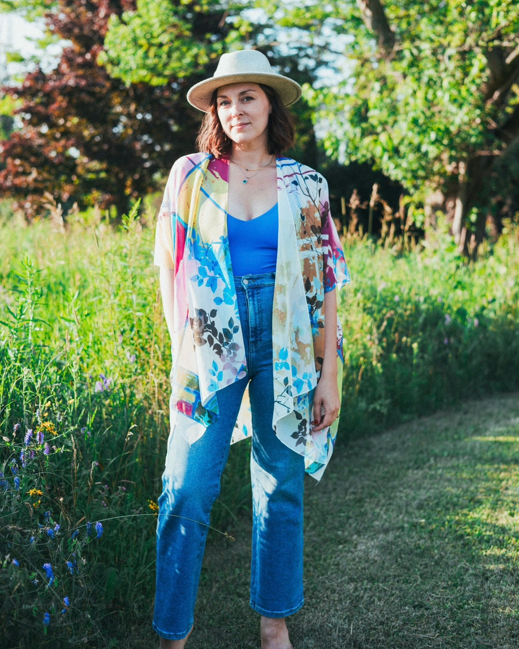 Blue, Pink and Yellow Abstract Floral Sheer Kimono