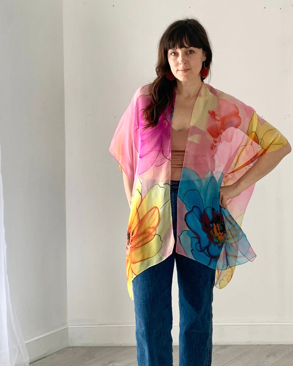 Pink and Blue Bright Floral Sheer Kimono