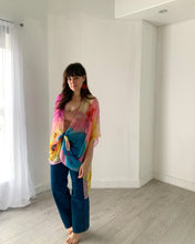 Load image into Gallery viewer, Pink and Blue Bright Floral Sheer Kimono
