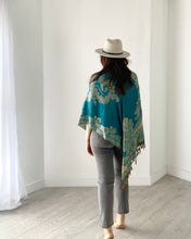 Load image into Gallery viewer, Turquoise and Tan Reversible Paisley Pashmina Draped Shawl

